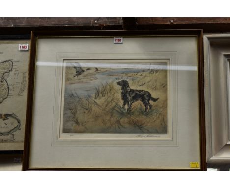 Henry Wilkinson, flat coated retriever and ducks, signed in pencil and numbered 52/150, colour engraving, pl.25 x 35cm. 