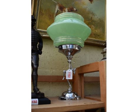 An Art Deco chrome plated and green glass table lamp,&nbsp;total height 40cm.&nbsp; 