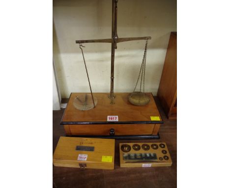 A set of balance scales,&nbsp;with two sets of weights.&nbsp; 