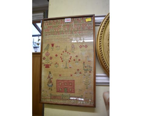 A Victorian needlework sampler,&nbsp;probably Scottish, by 'Hellen Milne, Aged 11', 44 x 27cm.&nbsp; &nbsp; 
