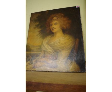 Follower of George Romney, half length portrait of a seated lady holding a rose, oil on canvas, 75 x 64.5cm, unframed.&nbsp; 