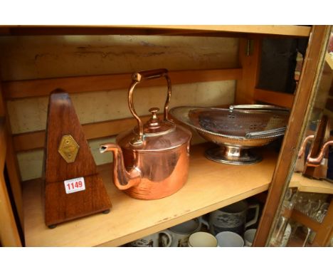 A walnut cased Maelzel metronome;&nbsp;together with a Victorian copper kettle; and an electroplated basket. 