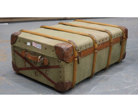 20th century bentwood and leather-bound steamer trunk, with painted initials SMGG. Not available for in-house P&amp;P 
