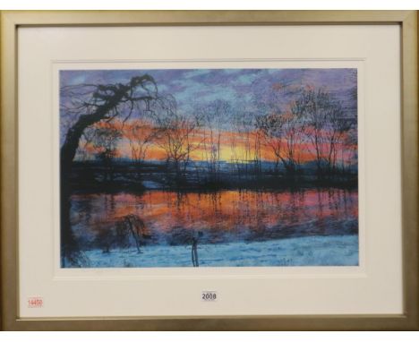 Rolf Harris (1930-2023): artist signed limited edition colour lithograph, Dawn Over The River, 472/495, 71 x 47 cm, frame 100