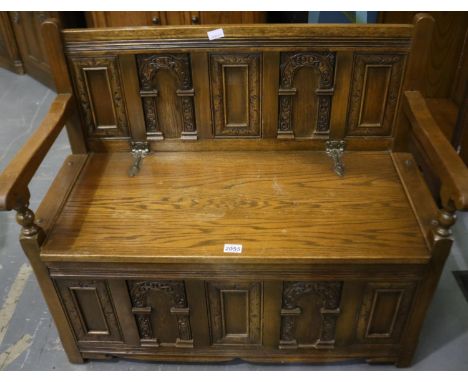 Old Charm oak Monks Bench, with panelled backrest and hinged box-seat, 97 x 50 x 85 cm H. Not available for in-house P&amp;P 