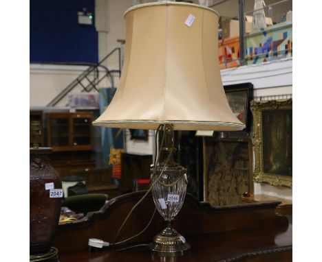A modern brass mounted cut glass table lamp, of classical design, with shade, overall H: 83 cm. All electrical items in this 