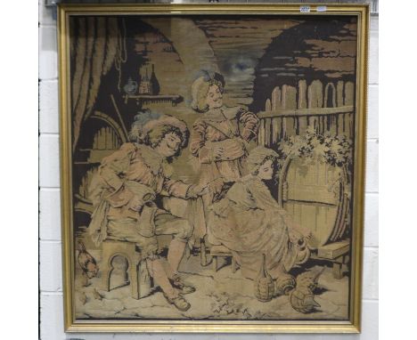 A large 19th century French tapestry, topping the flagons, 118 x 128 cm, frame 127 x 137 cm, faded throughout and burnt / dis