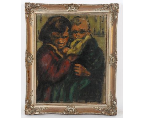 Mid-20th century oil on canvas laid on board, possibly Russian, portrait of a woman and child, unsigned, 50cm x 39cm, framed 