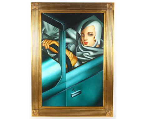 After Tamara De Lempicka, contemporary oil on canvas, portrait, framed, overall frame dimensions 110cm x 78cm 