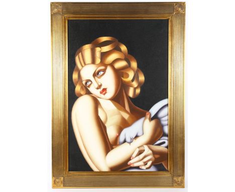 After Tamara De Lempicka, contemporary oil on canvas, portrait, framed, overall frame dimensions 110cm x 78cm 