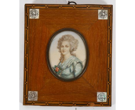 18th/19th century French School, miniature watercolour portrait on ivory of a young woman, signed Rene, ivory and satinwood f