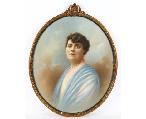 Oval coloured pastels circa 1930, portrait of a woman, indistinctly signed, 60cm x 50cm, framed 