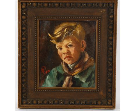 M Pullman, oil on canvas, portrait of a boy scout, signed with monogram dated 1953, with parts of original labels verso, 35cm