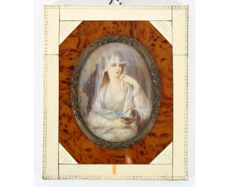 Early 20th century miniature painted portrait on ivorine, Classical study, unsigned, in ivory and tortoiseshell frame, overal