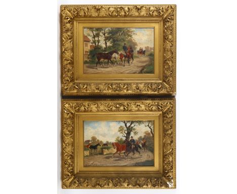 R Ugard, pair of 19th century oils on wood panels, exercising the horses, signed, 26cm x 38cm, original frames