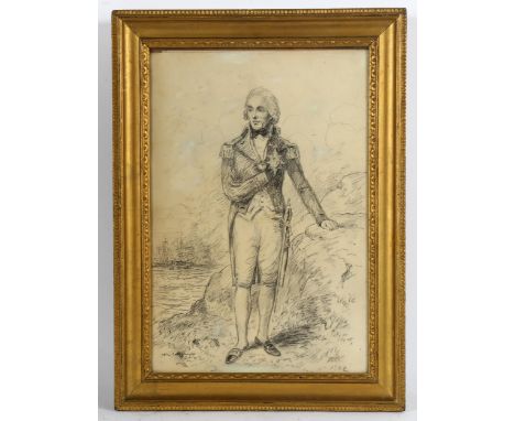 William Beechey RA, charcoal drawing, portrait of Lord Nelson, signed with monogram, dated 1802, with original artist's inscr