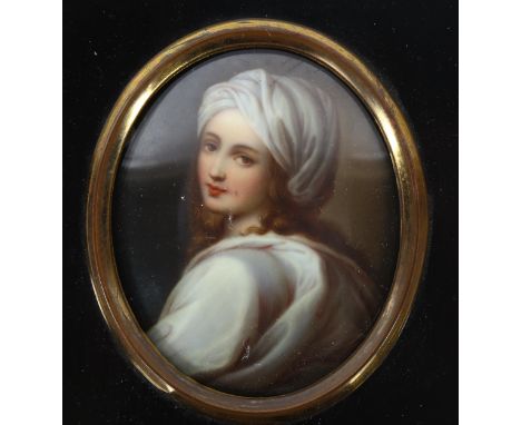 19th century miniature painted portrait on porcelain, Beatrice Cenci, unsigned, in ebonised brass-mounted frame, overall 15.5
