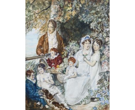 19th century watercolour, family portrait, signed with monogram, 21cm x 16cm, mounted 