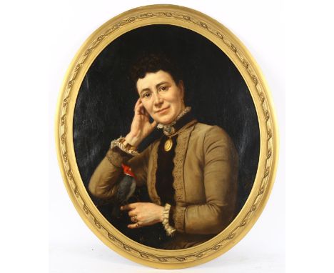 Edouard Antoine Marsal (French 1845 - 1929), oil on canvas, portrait of a lady with a bird, signed and dated 1877, 70cm x 58c