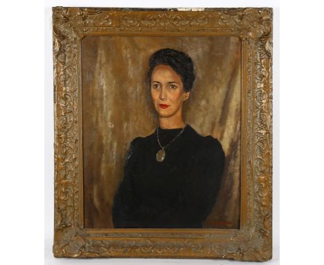 B M Curton?, oil on canvas, portrait of Joyce Smith, signed and dated 1946, 60cm x 49cm, framed, together with photographs of
