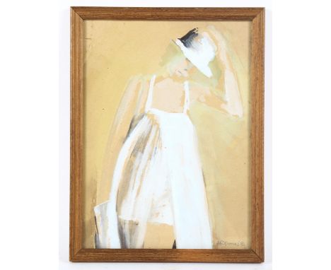 A R Thomas, watercolour on brown paper, lady in a hat, signed and dated '80, 23cm x 17cm, framed 