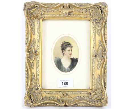 E Nora Jones, miniature watercolour on ivory, portrait of a lady, signed, 9cm x 6cm, framed 