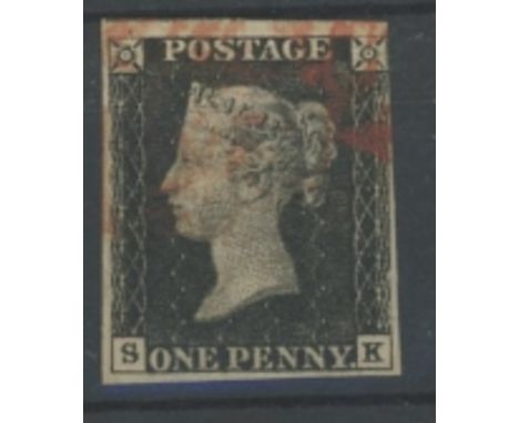 1840 1d black, plate 6, S-K, F/U with red maltese cross, 4 margins, fine. Cat £375