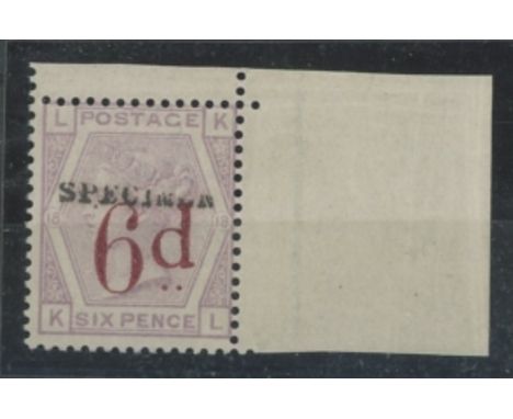 1880-83 6d on 6d lilac overprinted "SPECIMEN", K-L, top right corner copy, U/M, fine. SG 162s Cat £300