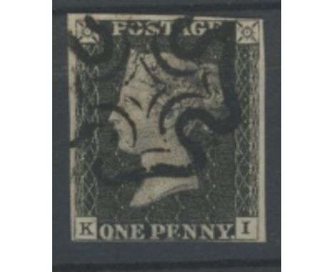 1840 1d black, plate 8, K-I, used with black maltese cross, 4 margins, fine. Cat £525