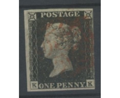 1840 1d black, plate 4, K-K, F/U with red maltese cross, 4 margins, fine. Cat £400