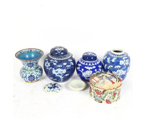 3 Chinese blue and white Prunus pattern ginger jars, cloisonne enamel brass thistle vase etc, largest height 14cm (6) 
