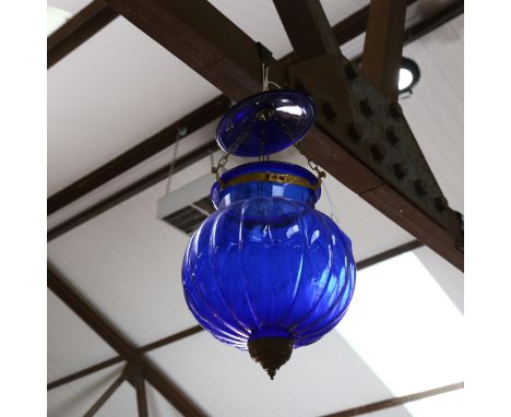 A lobed blue glass pendant light, height 30cm 
