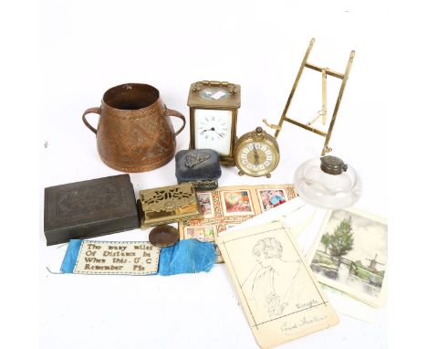 Various collectables, including brass-cased carriage clock, glass inkwell, Art Nouveau brass double-stamp box etc 