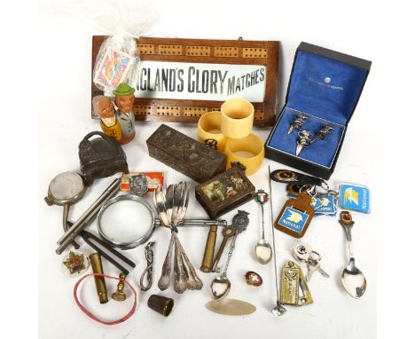 Various collectables, including Charles Horner silver paste hat pin, a silver plated riding crop brooch, a Chinese mother-of-