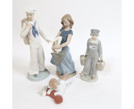 NAO puppy, girl with rabbit, and sailor boy, and a Lladro Dutch figure, height 21.5cm 