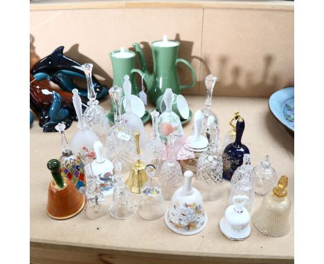 A Poole Pottery 2-tone green glaze coffee set, and a collection of ornamental bells 