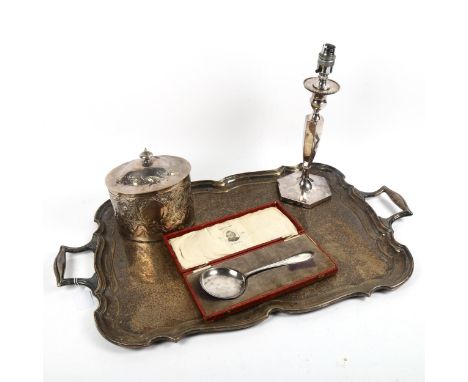 A large rectangular 2-handled silver plated serving tray, a plated biscuit barrel, candlestick etc 