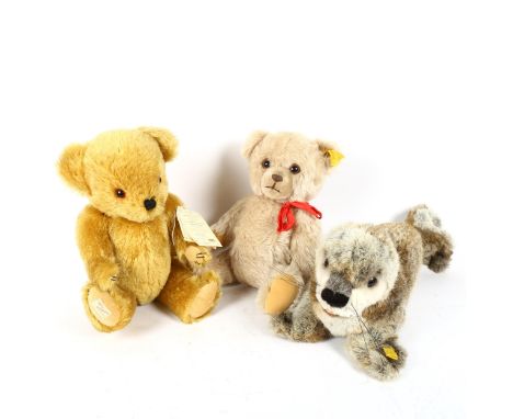 Dean's Rag Book replica bear, Cheryl's bear, 37cm, a Steiff teddy bear, and a baby seal 