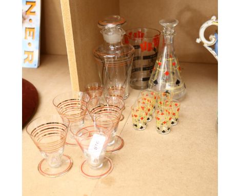 2 Art Deco liqueur sets, and a cocktail mixer 
