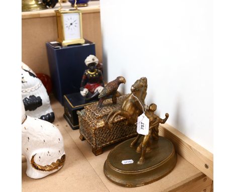 2 modern resin caskets, and a gold painted spelter Marley horse figure, height 20cm, and a Taylor & Bligh brass carriage cloc