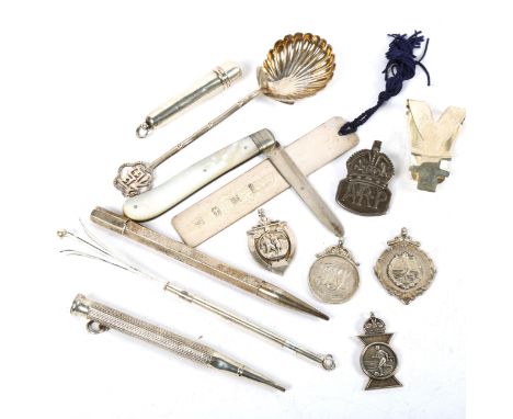 A group of silver items, to include fobs, ARP badge, bookmark, propelling pencils, swizzle stick, and a Chinese sterling silv