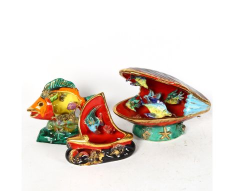 A Vallauris Pottery tropical fish and shell design lamp base, length 27cm, and another similar fish 