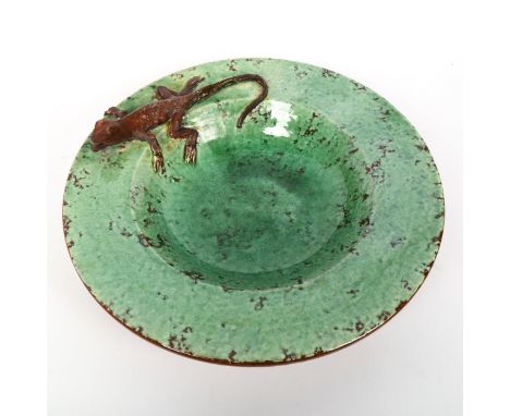 A large green glaze terracotta pottery gecko table centre bowl, maker's marks LS stamped on base with spiral, diameter 33cm2 