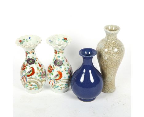 A pair of Chinese porcelain vases with enamel decoration, height 15cm, a crackle glaze vase, and another (4) 