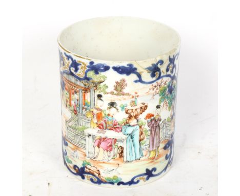 A 18th century Chinese export porcelain mug, hand painted enamelled and gilded decoration with blue underglaze, height 13cmTo