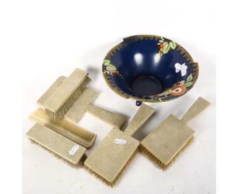 An Art Deco shagreen-effect dressing table set, and a Crown Devon bowl 