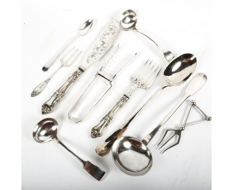 Victorian silver plated fish servers, with engraved blades and silver collars, a French silver plated ladle, asparagus tongs 