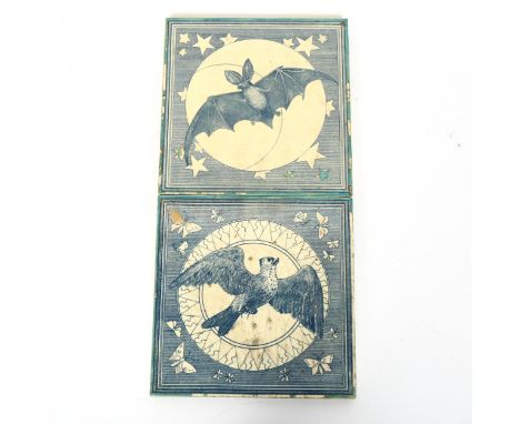 2 transfer printed pottery tiles, comprising bat and bird, 15.5cm x 15.5cmA few enamel chips to stars and borders, along with