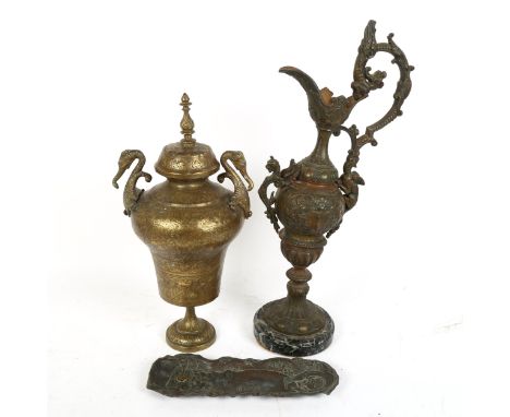 A Japanese antimony 'Shou Lao' compass inset pen tray, Indian brass jar and cover, and a patinated spelter Renaissance style 