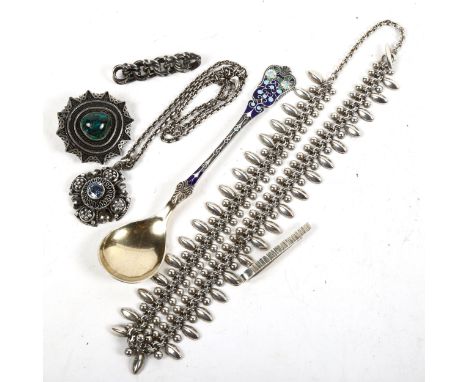 HERMANN SIERSBOL - a sterling silver necklace.  ISRAELI - various silver jewellery, an enamel and silver spoon 